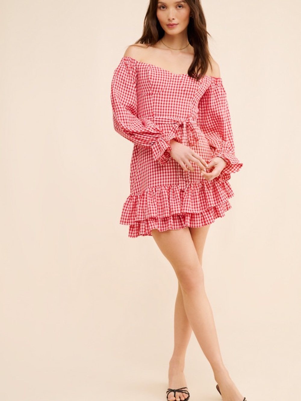 Anthropologie Maeve Gingham Bare Frill Mini Dress - Picture 2 of 14